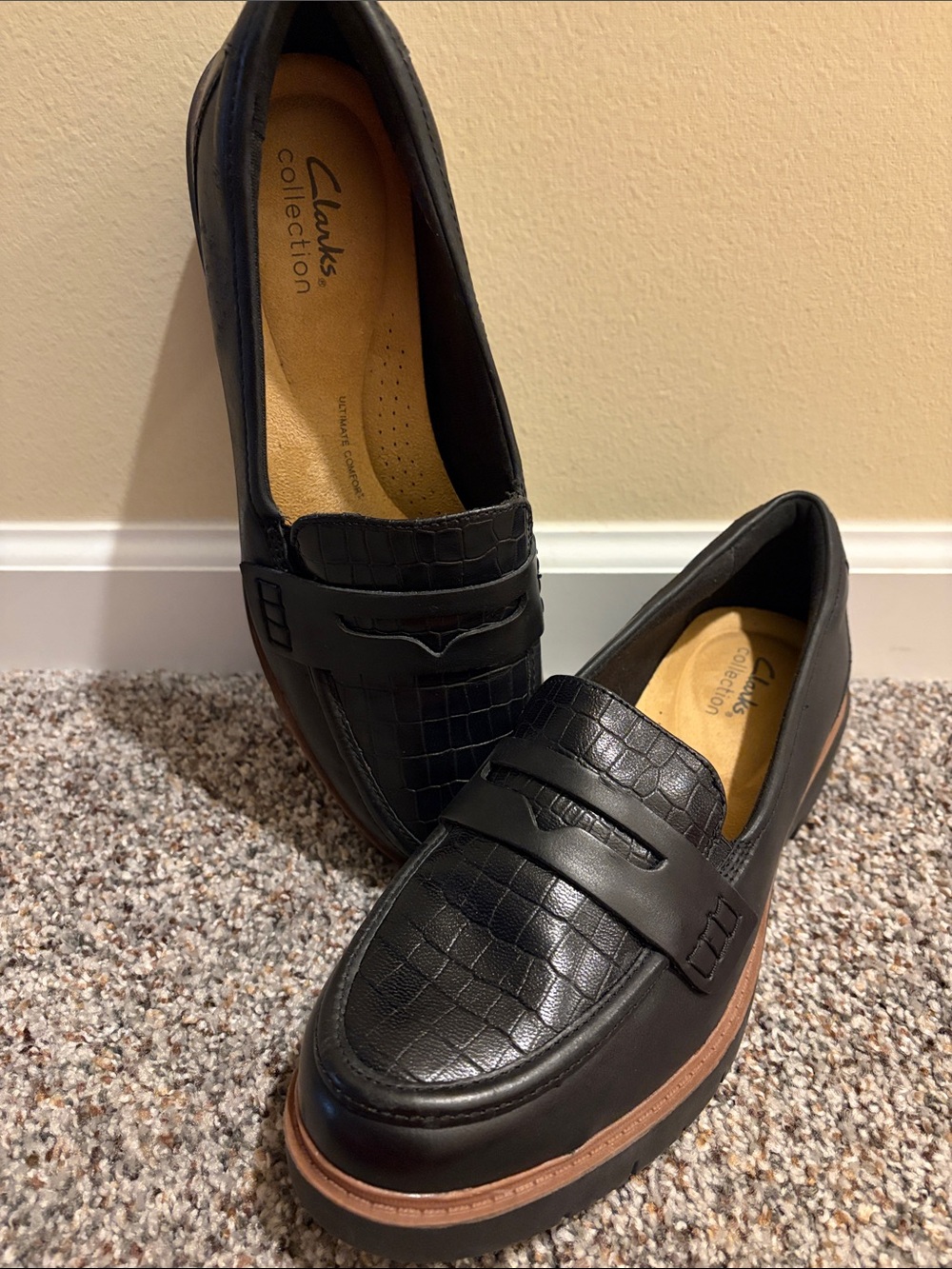 Clarks Black Croc-Embossed Penny Loafers